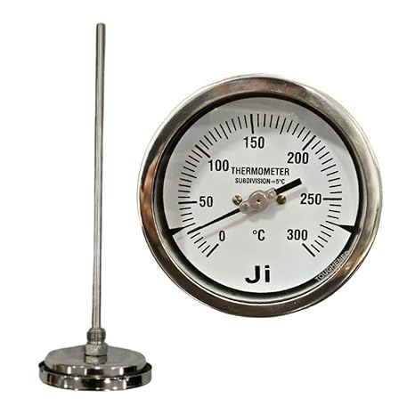 About this item Bimetal Dial Thermometer Dial Size: 4" (100 mm) | Range: 0 to 300 Deg C Stem Length & OD: 300 mm X 10 mm Accuracy 2% | CE Approved ISO 9001: 2015 Connection: 1/2" BSP (M) SS 316 MOC Case & Bezel Weatherproof Stainless Steel with Bayonet Type Bezel Make: "Ji" Japsin Instrumentation